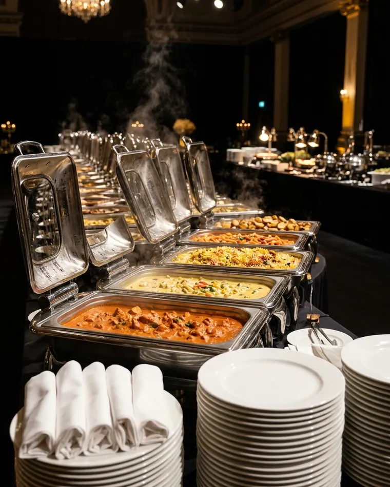 Lange Buffetlinie mit geöffneten Chafing Dishes, Currys und Reis, Stapeln weißer Teller und Servietten in einem dunklen Saal