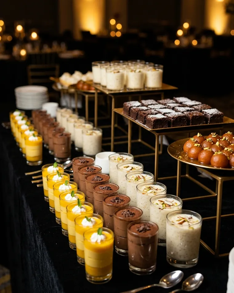 Dessert-Tisch mit Mango-, Schokoladen- und Kheer-Gläsern, Brownies und Gulab Jamun auf Goldständern