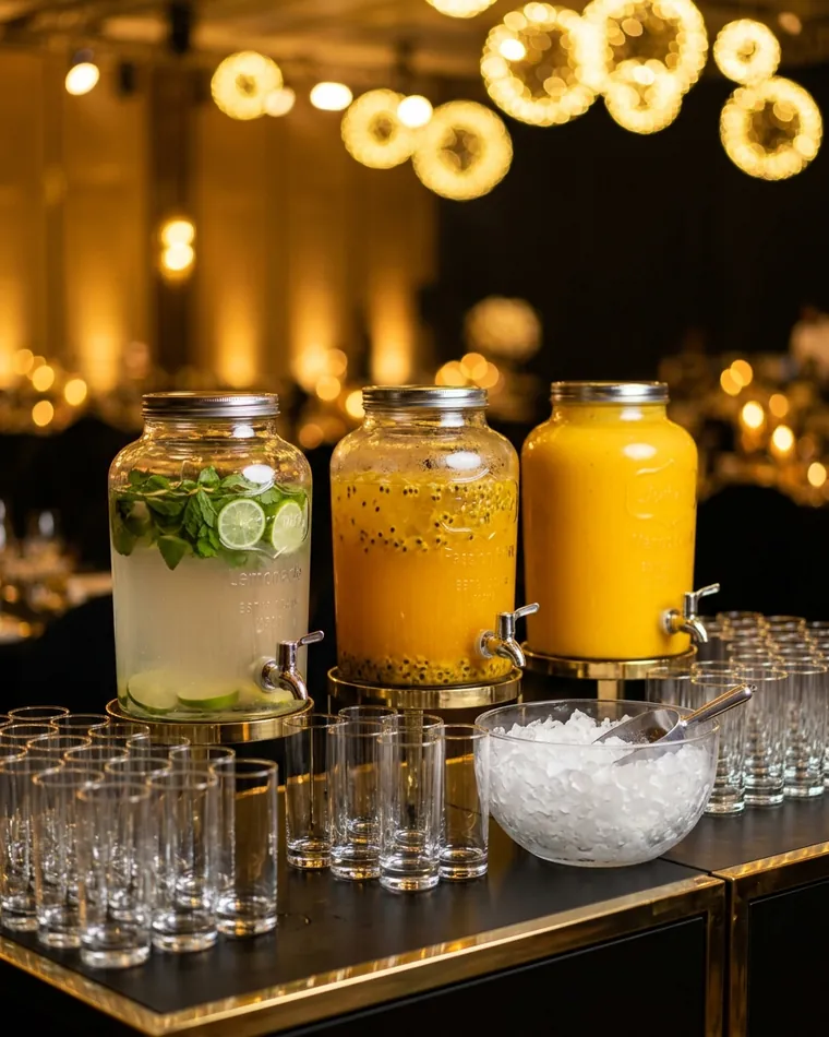 Getränkespender mit Limetten-Minz-Wasser, Maracuja- und Mangosaft, davor Wassergläser und Eis