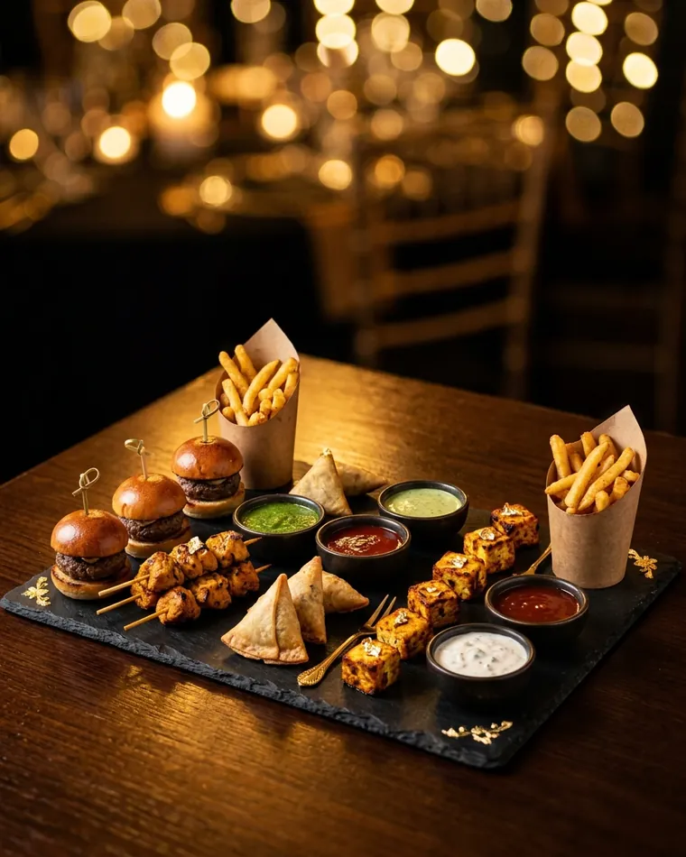 Schieferplatte mit Mini-Burgern, Hähnchen- und Paneer-Spießen, Samosa, Pommes in Tüten und Dips