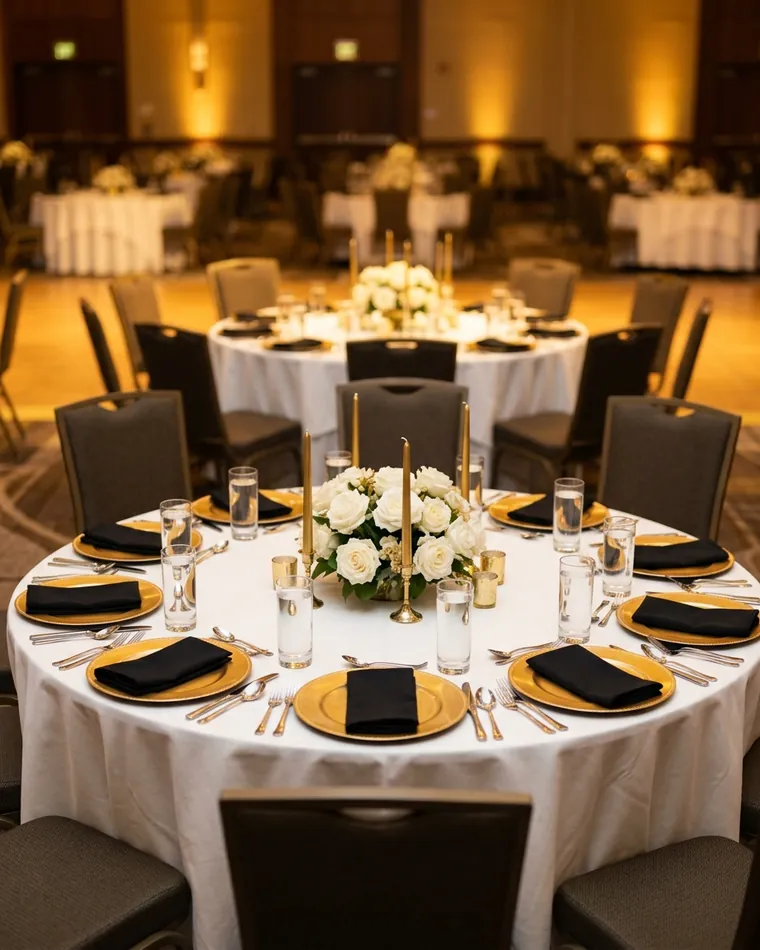 Runder Galatisch mit weißer Decke, goldenen Platztellern, schwarzen Servietten, weißen Rosen und goldenen Kerzen in einem festlichen Saal