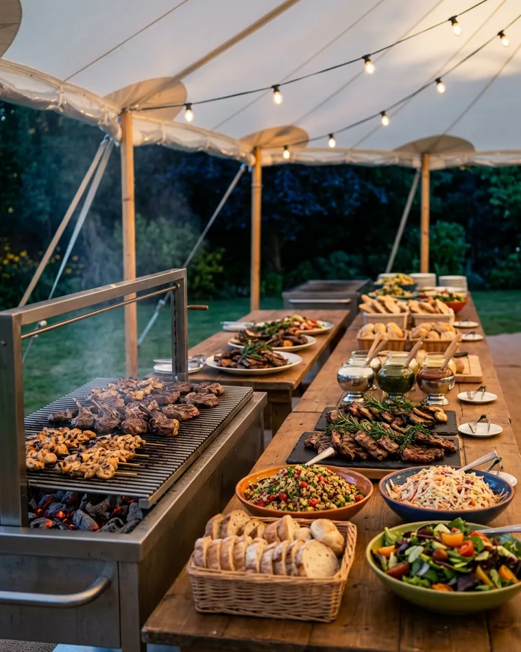 Barbecue buffet with charcoal grill, salads and bread at a summer party
