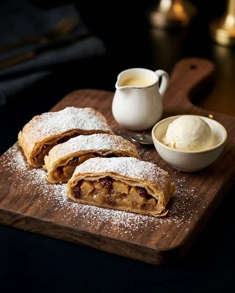 Apple strudel with vanilla sauce and vanilla ice cream — Masalas Catering Berlin