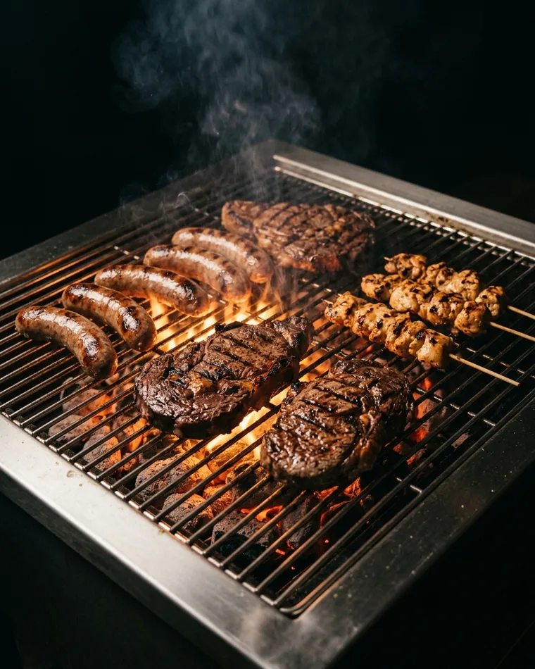 Charcoal grill with beef steaks, beef bratwurst and chicken skewers — Masalas Catering Berlin