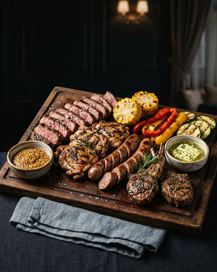 Halal barbecue platter by Masalas Catering: beef steak, chicken, beef bratwurst, lamb chops and grilled vegetables