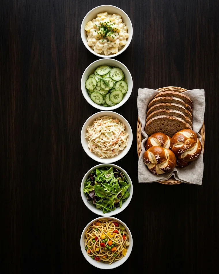 Potato salad, cucumber salad, coleslaw, green salad and pasta salad with bread and pretzel rolls — Masalas Catering Berlin