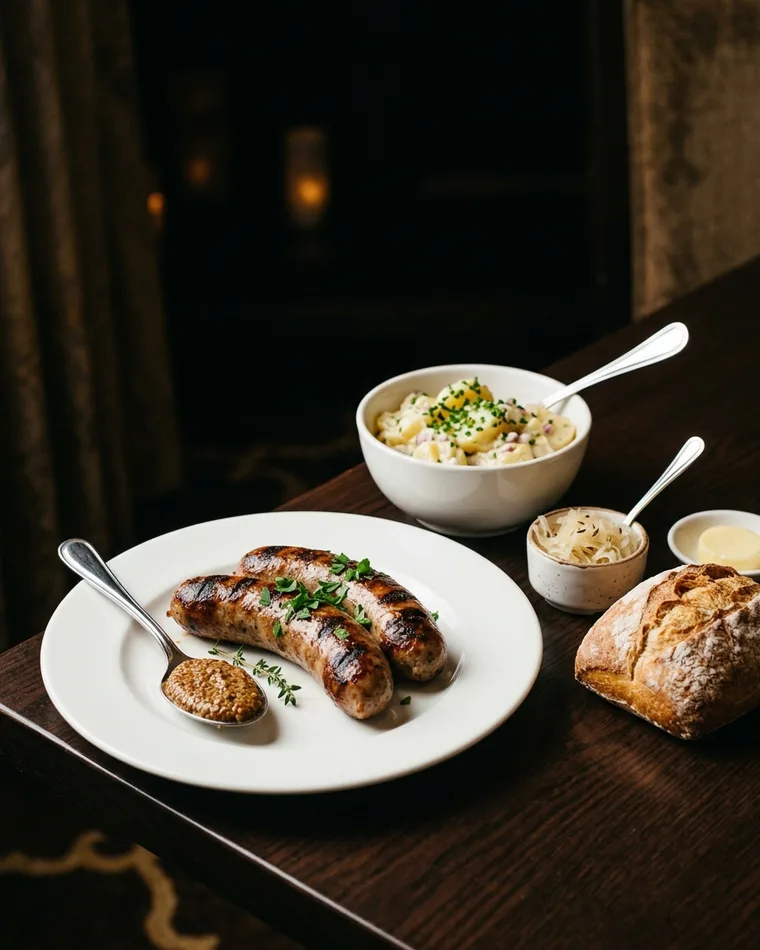 Beef bratwurst with mustard, potato salad and sauerkraut — Masalas Catering Berlin