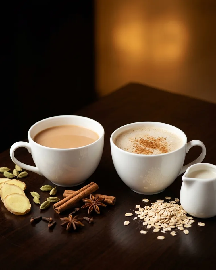 Masala Chai mit Milch und mit Hafermilch nebeneinander — Masalas Catering Berlin