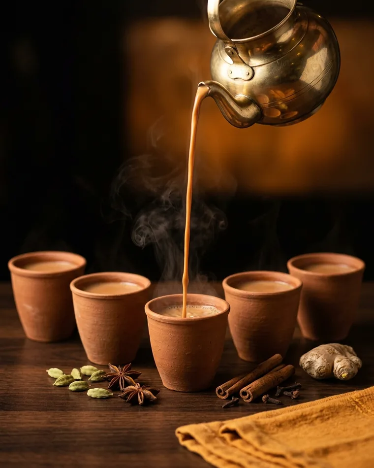 Masala Chai wird aus einer Messingkanne in Tonbecher gegossen — Chai-Catering von Masalas in Berlin