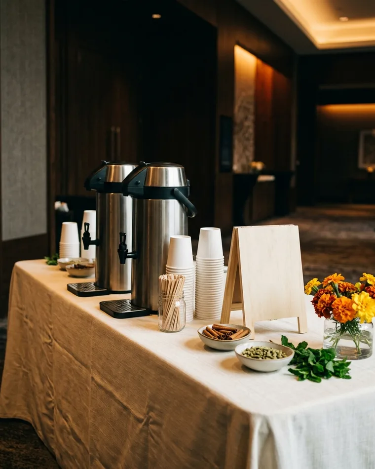 Chai-Station mit zwei Thermobehältern, Bechern und Gewürzen bei einem Empfang