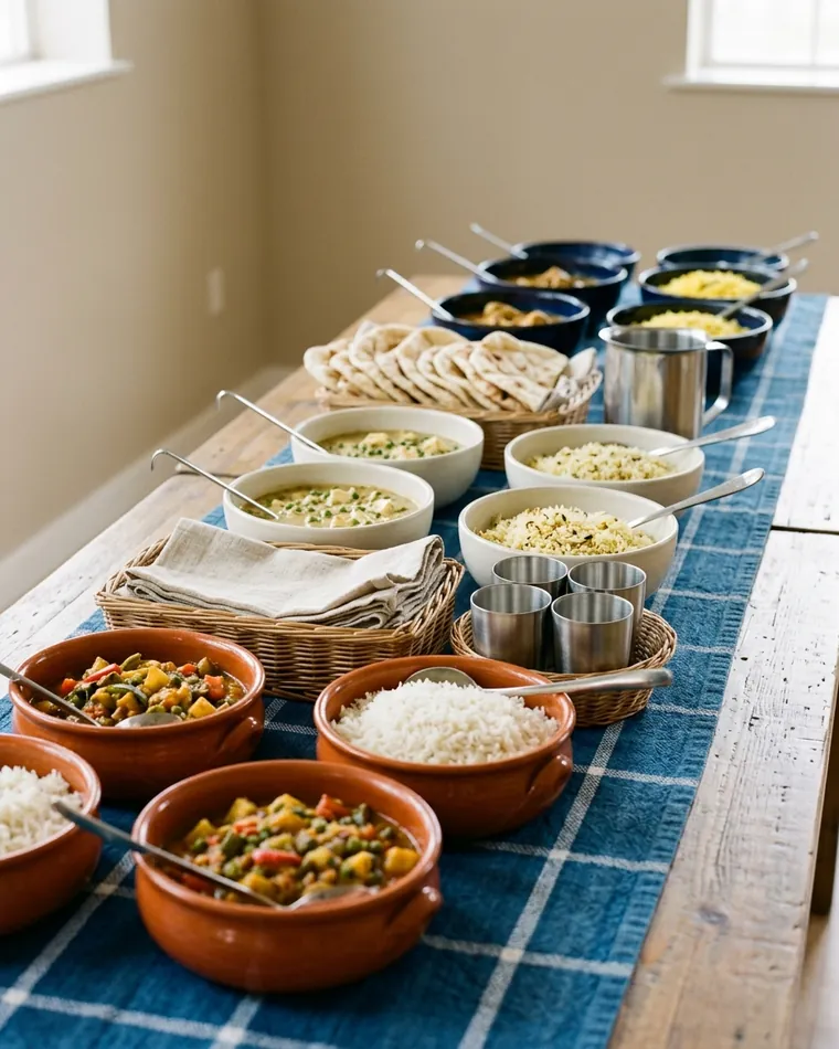 Buffet mit drei Bereichen in terrakotta-, cremefarbenen und indigoblauen Schalen, Naan dazwischen