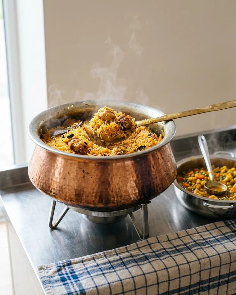 Biryani in einer großen Kupfer-Degh mit Messingkelle neben einem Topf Gemüsecurry — Masalas Catering Berlin