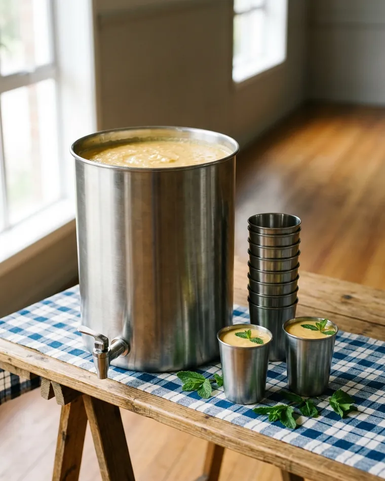 Edelstahl-Spender mit Mango Lassi und Stahlbechern — Masalas Catering Berlin