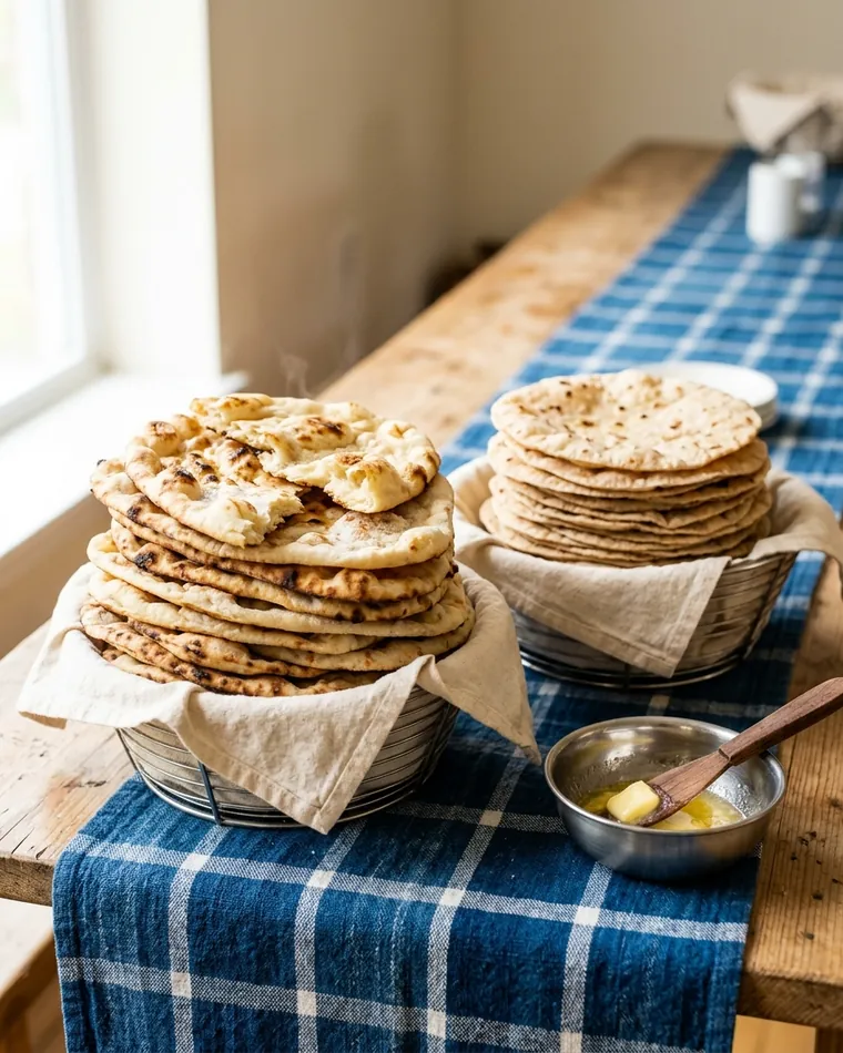 Frisches Naan und Roti in zwei Körben mit geschmolzener Butter — Masalas Catering Berlin
