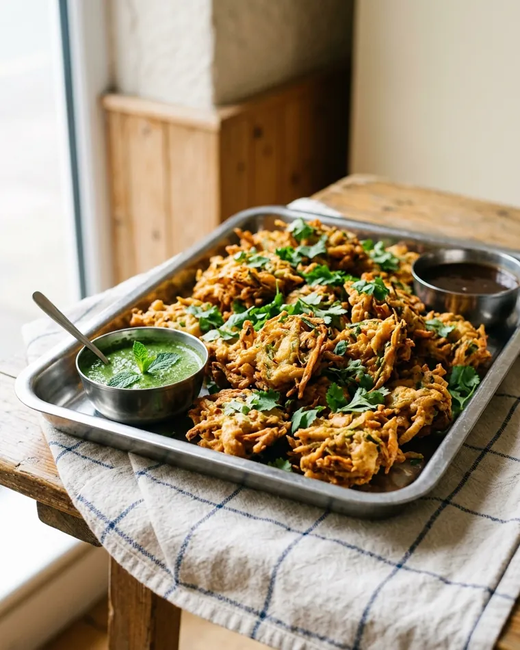 Großes Blech mit Gemüse-Pakora, Minz- und Tamarinden-Chutney — Masalas Catering Berlin