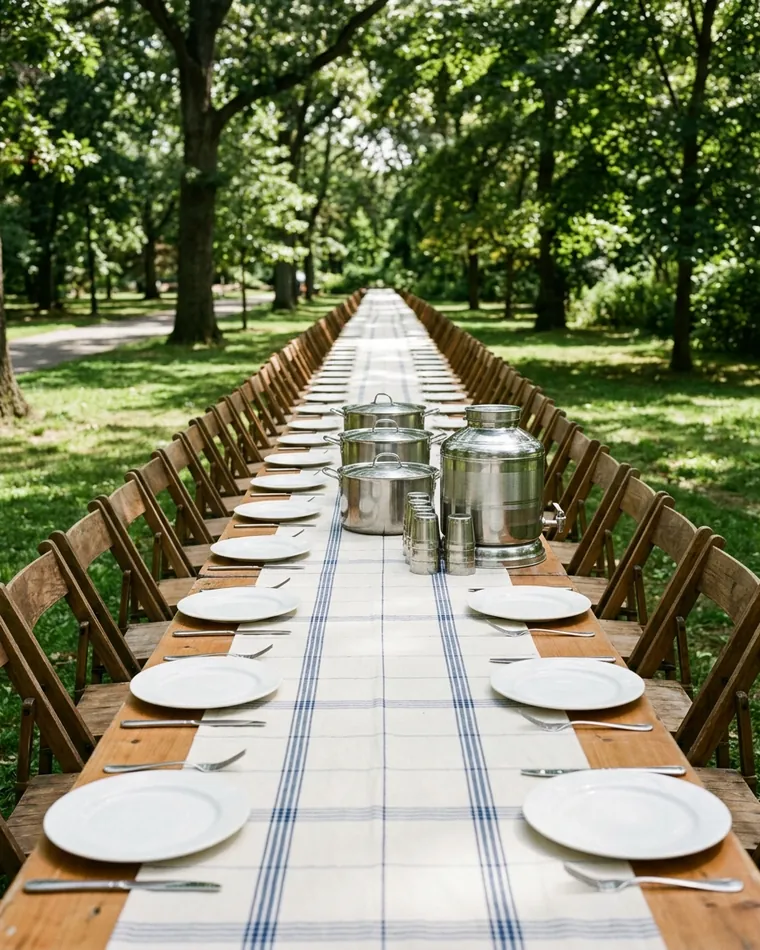 Sehr lange, gedeckte Tafel im Park mit Stahltöpfen und Lassi-Spender unter Bäumen
