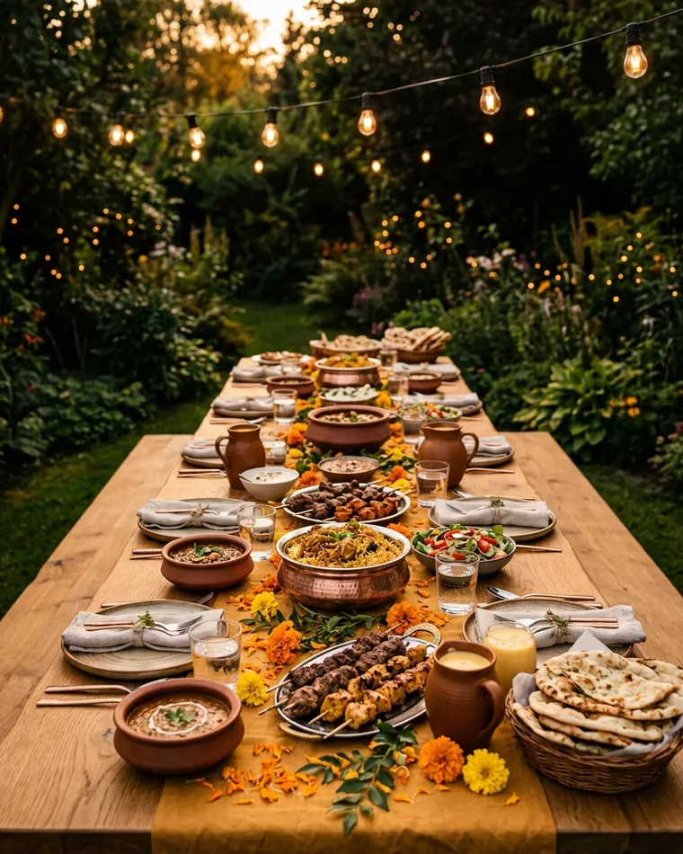 Lange Tafel im Garten mit Biryani, Kebab und Naan