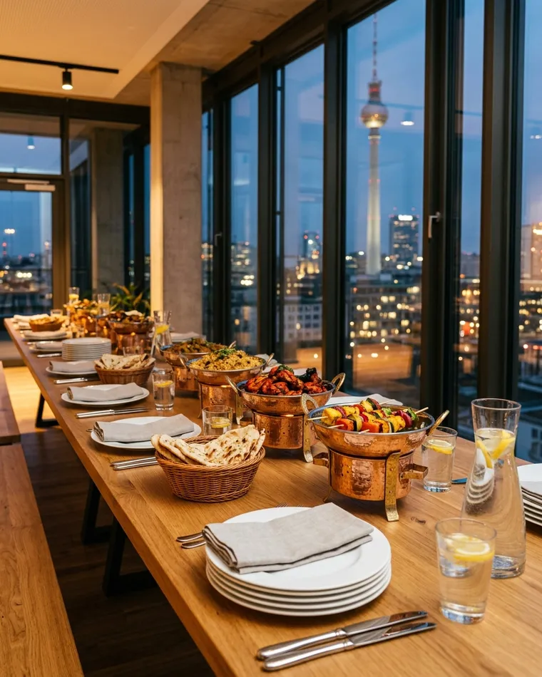 Firmenbuffet in einem Berliner Büro mit Blick auf den Fernsehturm