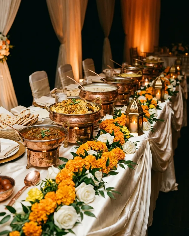 Hochzeitsbuffet mit Kupferschalen, Tagetes und weißen Rosen