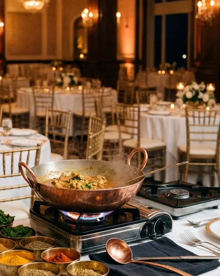 Live-Cooking-Station mit Kupfer-Karahi in einem Festsaal