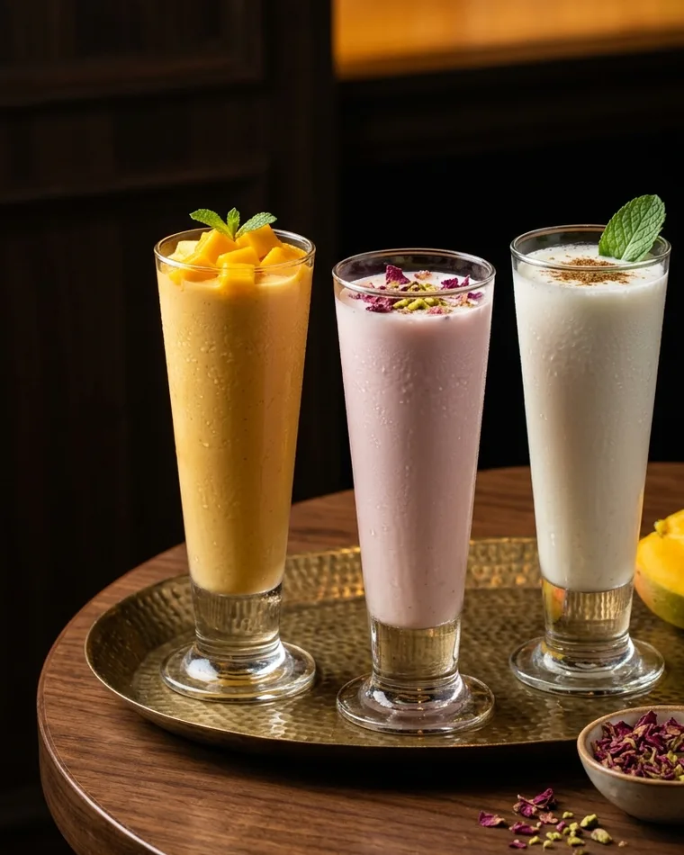 Mango-, Rosen- und Salz-Lassi auf einem Messingtablett — Masalas Catering Berlin
