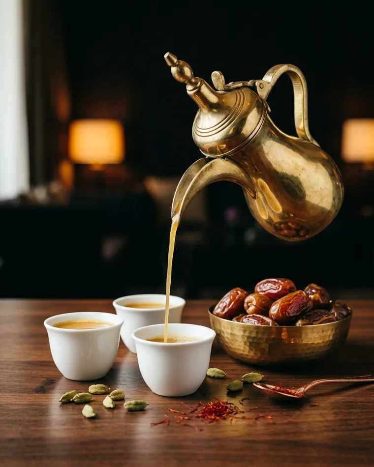 Arabischer Kaffee aus der Messing-Dallah mit Datteln — Masalas Catering Berlin