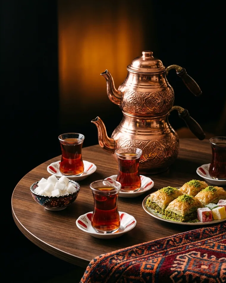 Türkischer Tee aus der Kupfer-Doppelkanne in Tulpengläsern mit Baklava — Masalas Catering Berlin