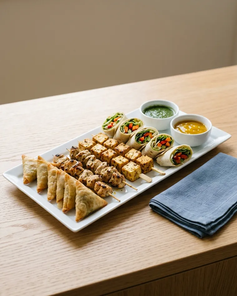 Fingerfood-Platte mit Samosa, Hähnchen-Tikka-Spießen, Paneer und Gemüse-Wraps — Masalas Catering Berlin