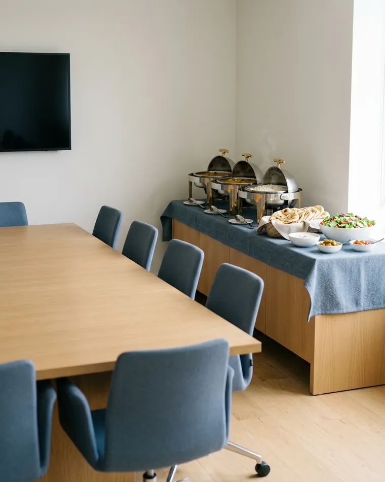 Firmencatering im Besprechungsraum: Buffet mit Chafing Dishes, Naan, Salat und Raita auf einem Sideboard