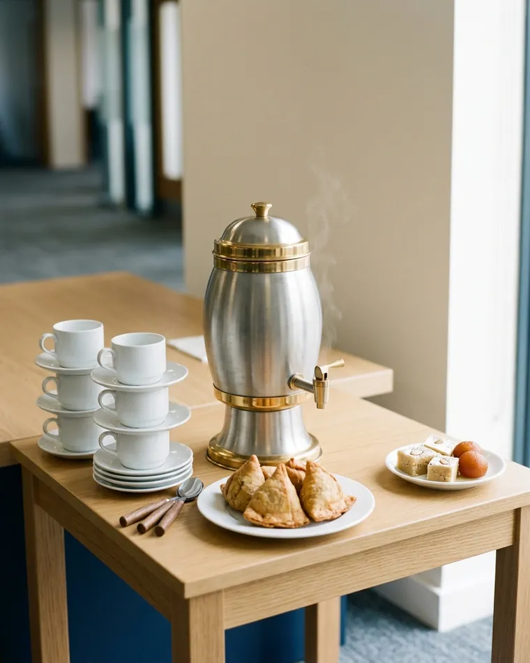 Chai-Spender mit Tassen, Samosa und indischen Süßigkeiten in der Kaffeepause — Masalas Catering Berlin
