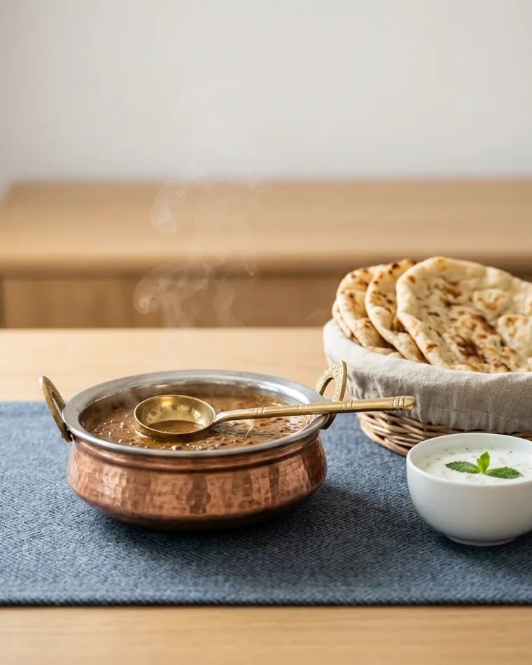 Dal Makhani im Kupfer-Karahi mit Naan und Raita — Masalas Catering Berlin