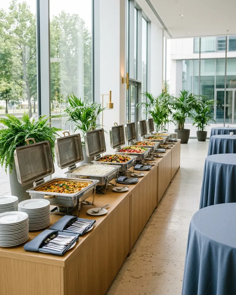 Konferenz-Buffet im Foyer mit Chafing Dishes, Stehtischen und Pflanzen bei Tageslicht
