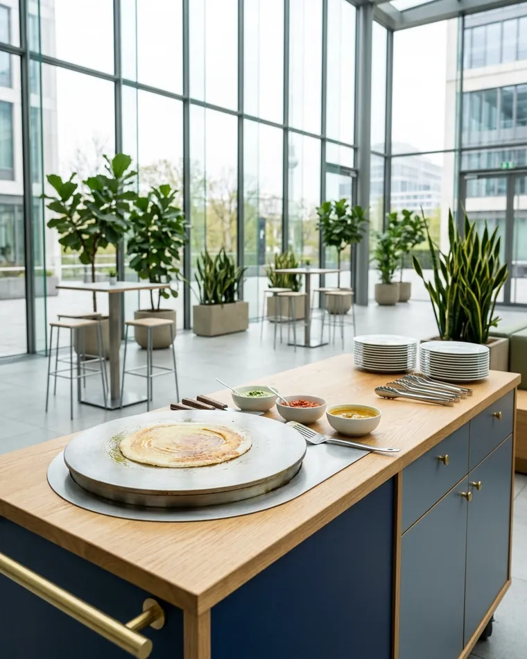 Live-Cooking-Station mit frischem Dosa, Chutneys und Sambar in einem hellen Büro-Atrium