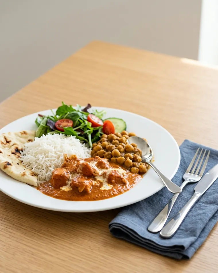 Teller mit Butter Chicken, Chana Masala, Basmatireis, Salat und Naan — Masalas Catering Berlin