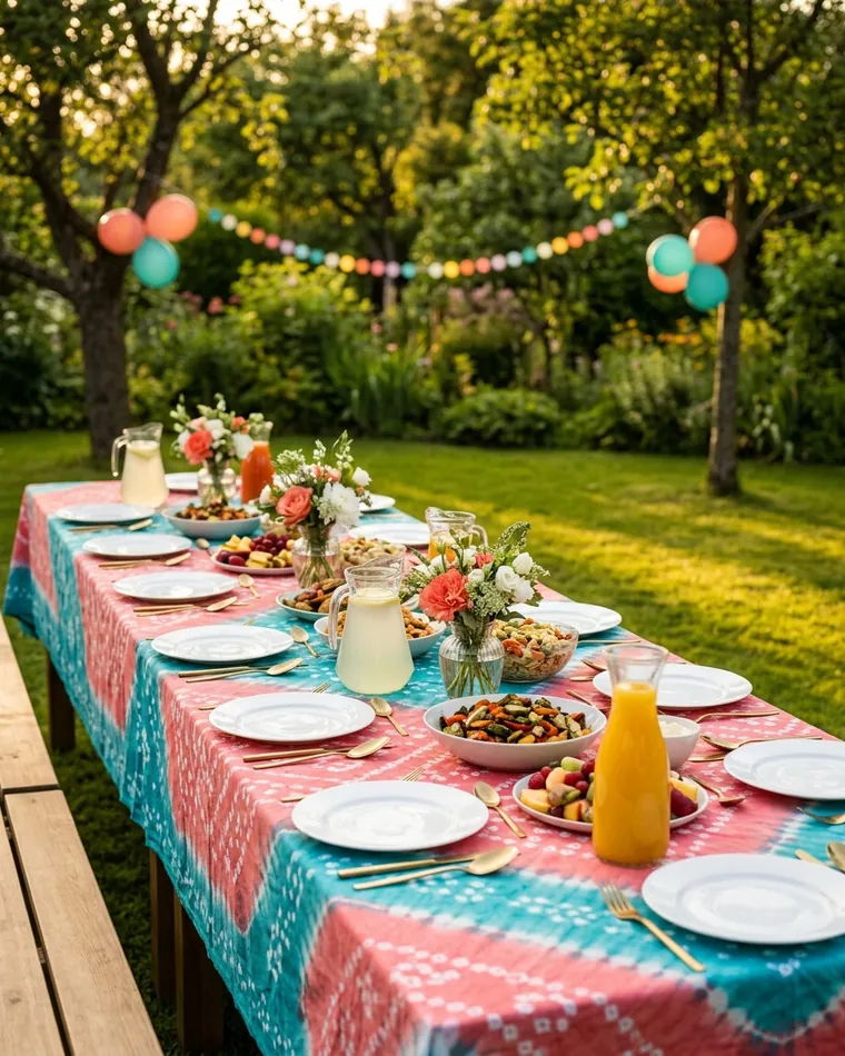 Lange Gartentafel mit Bandhani-Tischdecke, Tellern, Limonade, Salaten und Blumen im Nachmittagslicht