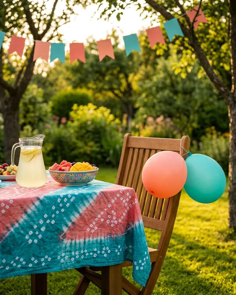 Gartentisch mit Limonade und Obst, Wimpelkette und Luftballons am Stuhl