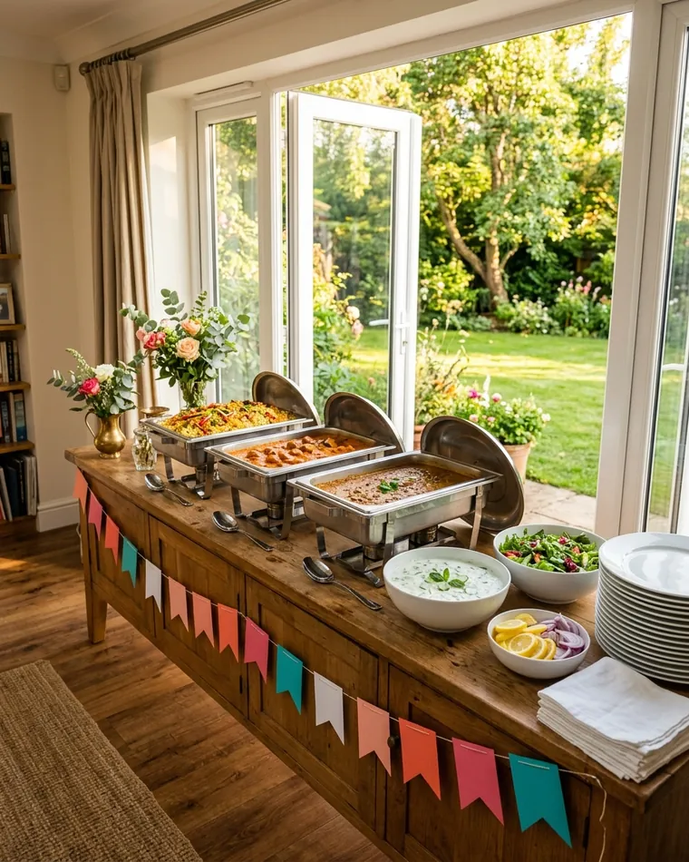 Geburtstagsbuffet auf einem Sideboard im Wohnzimmer mit Chafing Dishes, Raita und Salat, offene Türen zum Garten