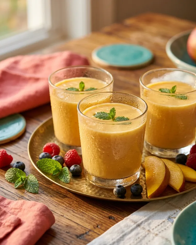 Mango Lassi mit Minze auf einem Messingtablett mit Beeren und Mango — Masalas Catering Berlin