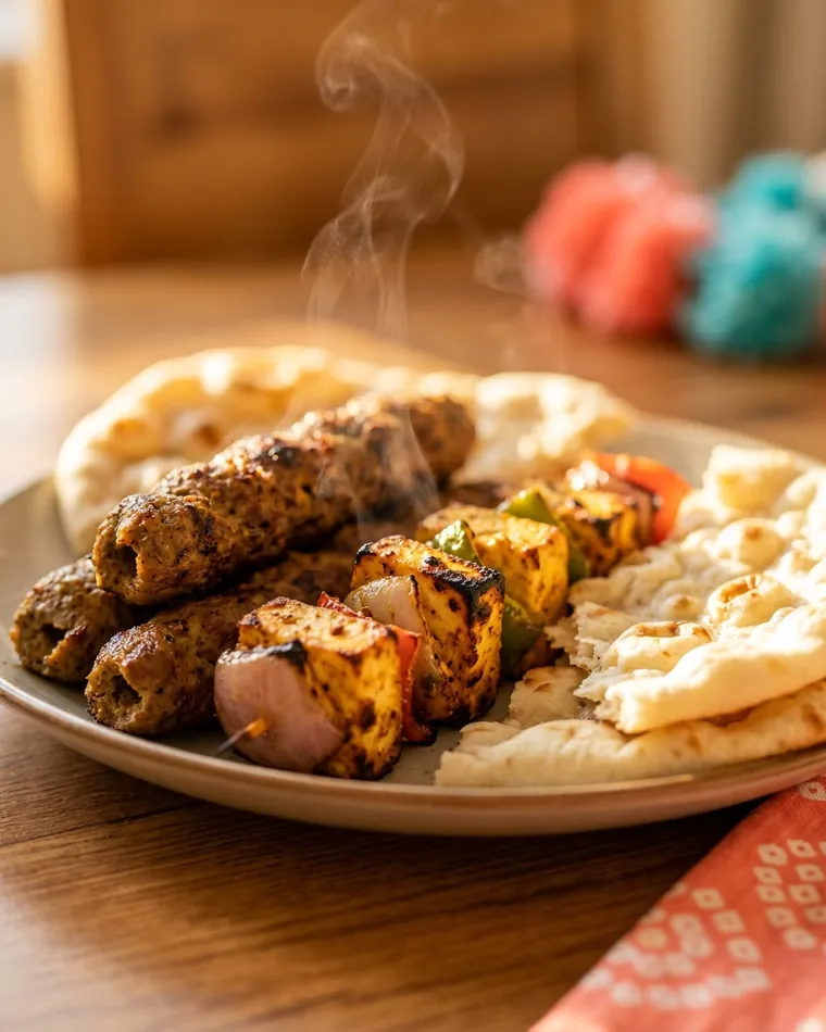Platte mit Seekh Kebab, Paneer Tikka und Naan — Masalas Catering Berlin