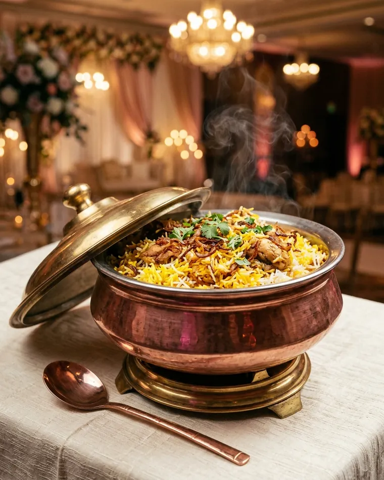 Biryani in a copper degh with a brass lid at a wedding reception — Masalas Catering Berlin