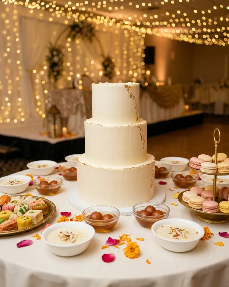 Wedding cake with gulab jamun, kheer, mithai and macarons — Masalas Catering Berlin
