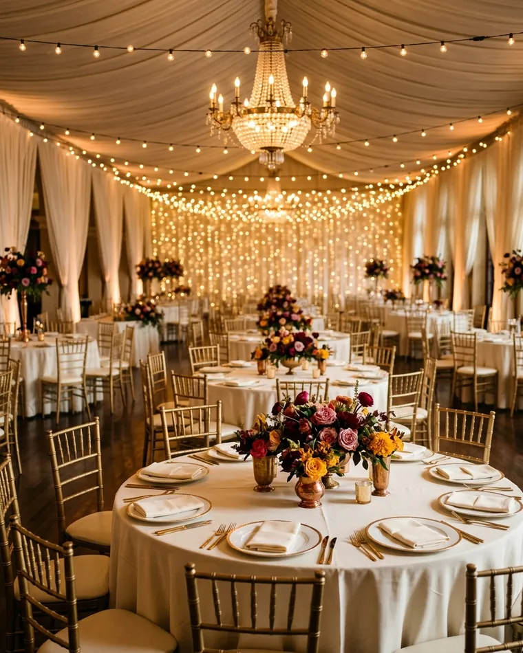 Wedding reception hall with round tables, rose and marigold centrepieces, fairy lights and a chandelier