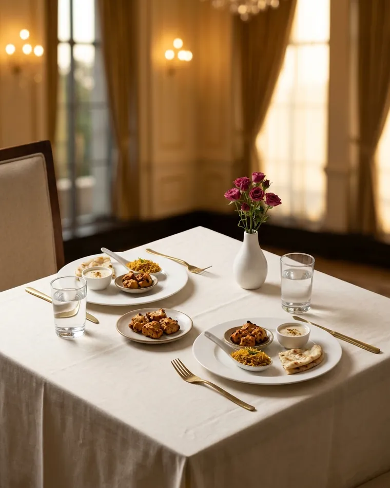 Table for two with tasting portions of biryani, chicken tikka, kheer and naan for a wedding