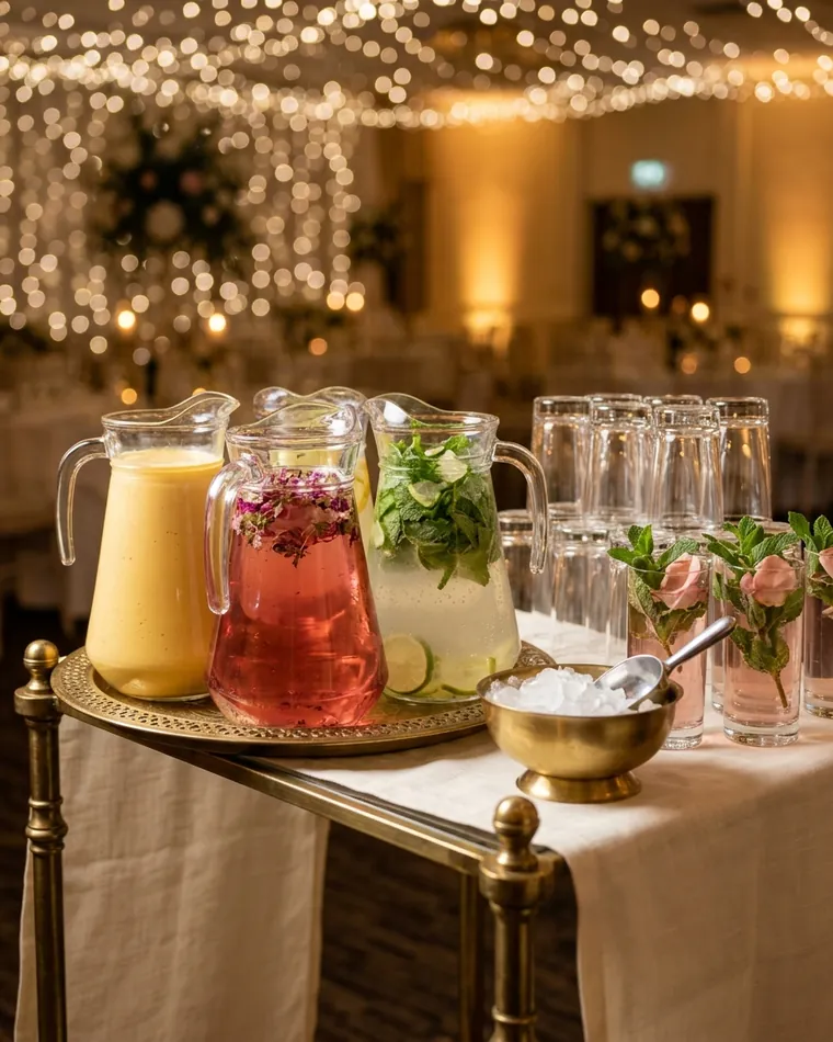 Mango lassi, rose mocktail and mint lemonade in glass jugs on a brass tray — Masalas Catering Berlin