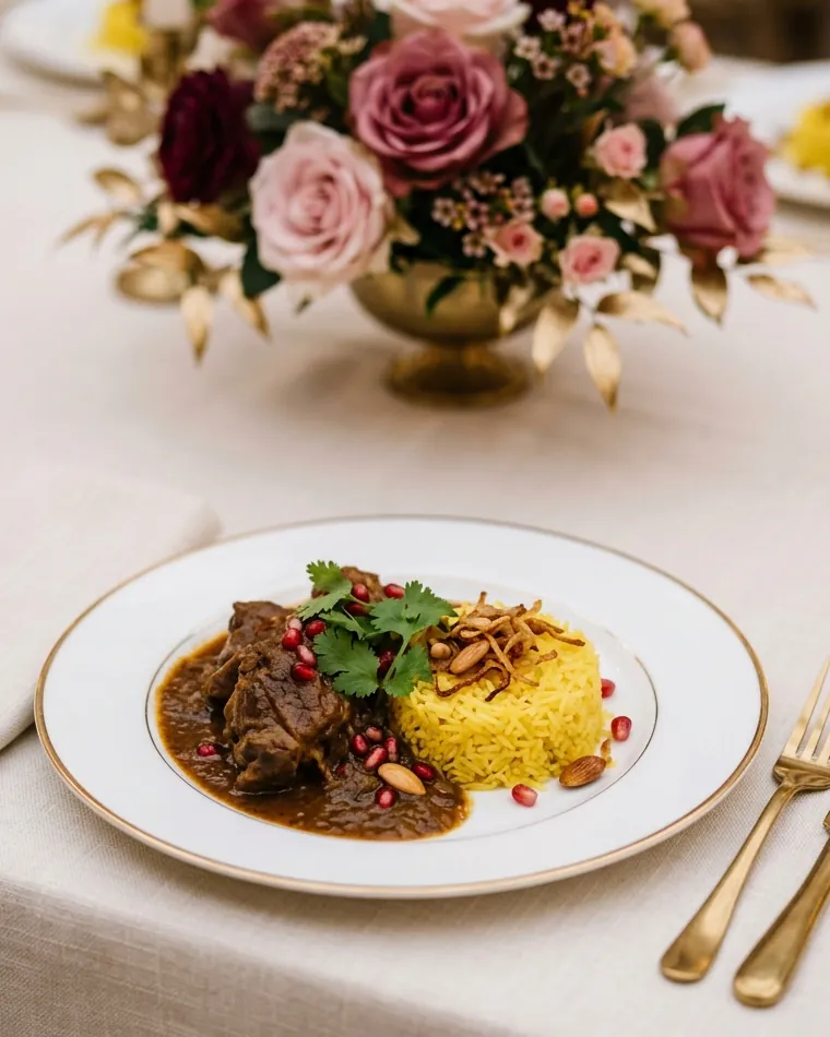Wedding menu: lamb in a dark sauce with saffron rice, pomegranate and almonds — Masalas Catering Berlin