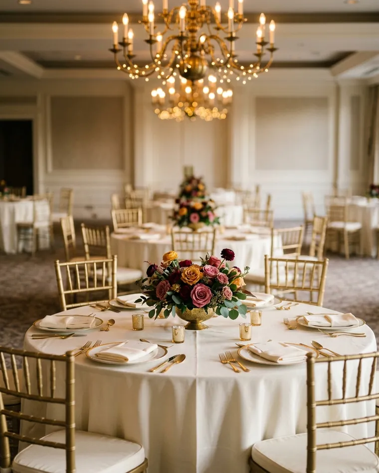 Round wedding table set with a rose centrepiece, gold chiavari chairs and a chandelier