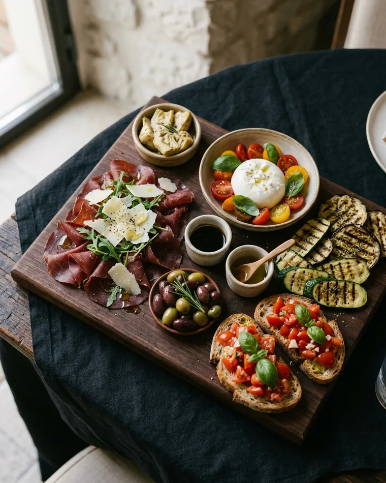Antipasti with beef bresaola, burrata, grilled vegetables and bruschetta — Masalas Catering Berlin
