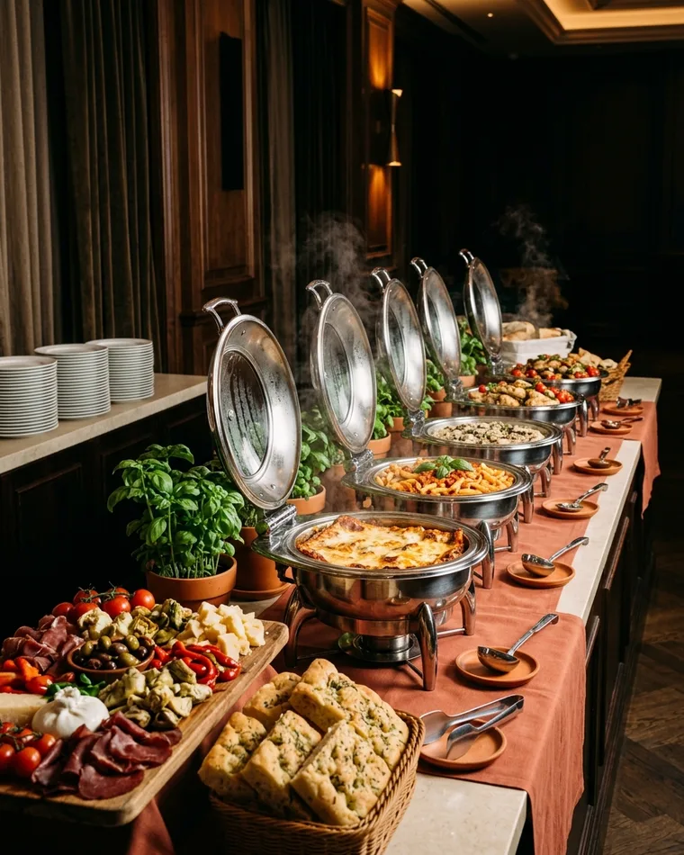 Italian buffet with chafing dishes, antipasti and focaccia in an event hall