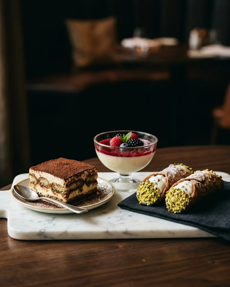 Tiramisu, panna cotta with berries and pistachio cannoli — Masalas Catering Berlin