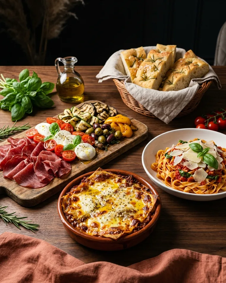 Italian catering by Masalas: lasagne, antipasti with beef bresaola, pasta with basil and focaccia